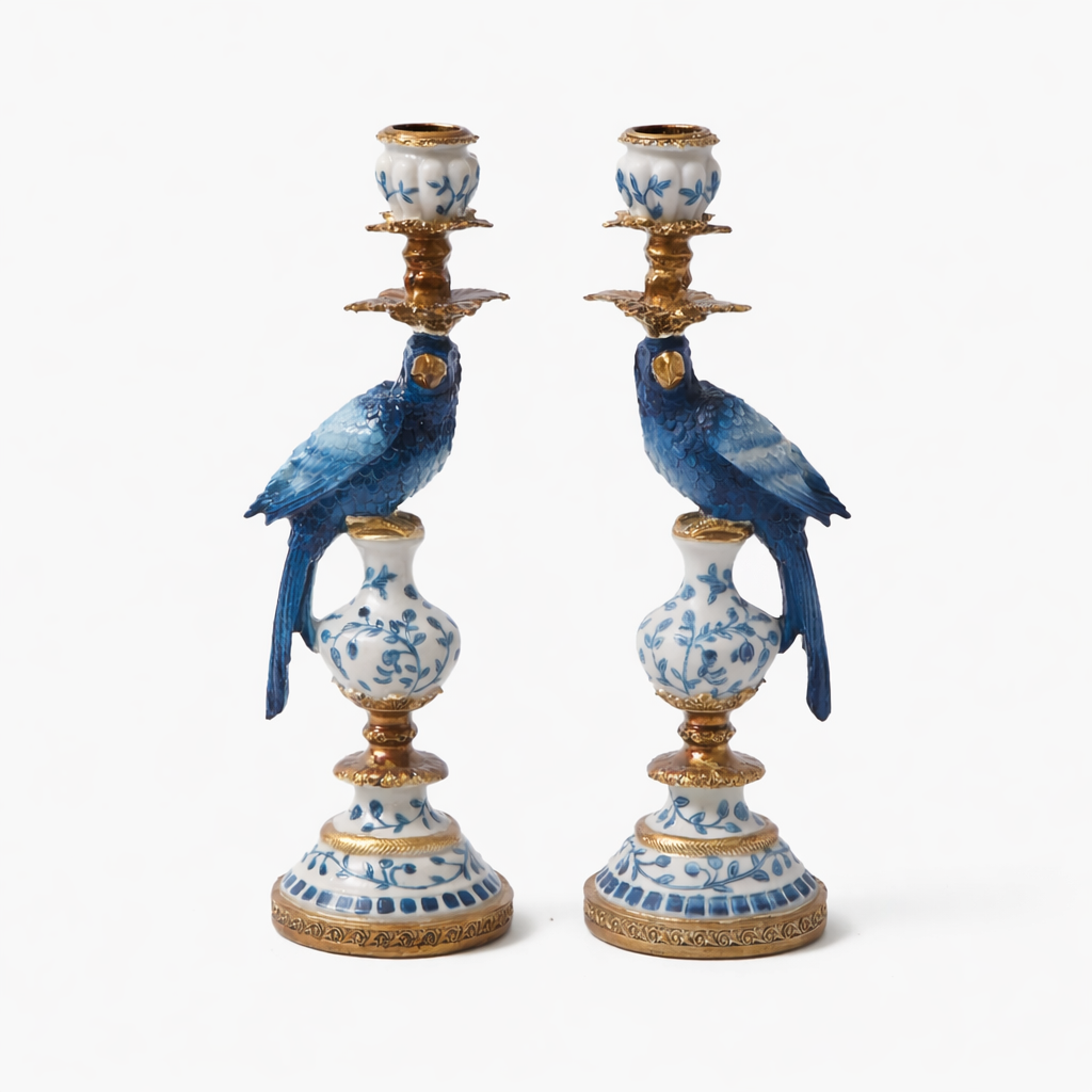 Ornate Parrot Candle Holder – Blue & White, Right Facing